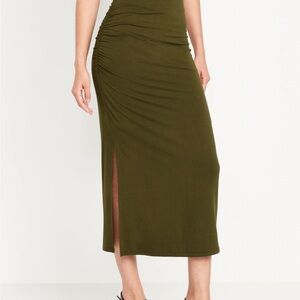 Olive Green Ruched Midi Skirt